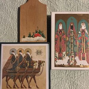 Christmas lot. Two boxes NIP cards. One painted board. One angel.